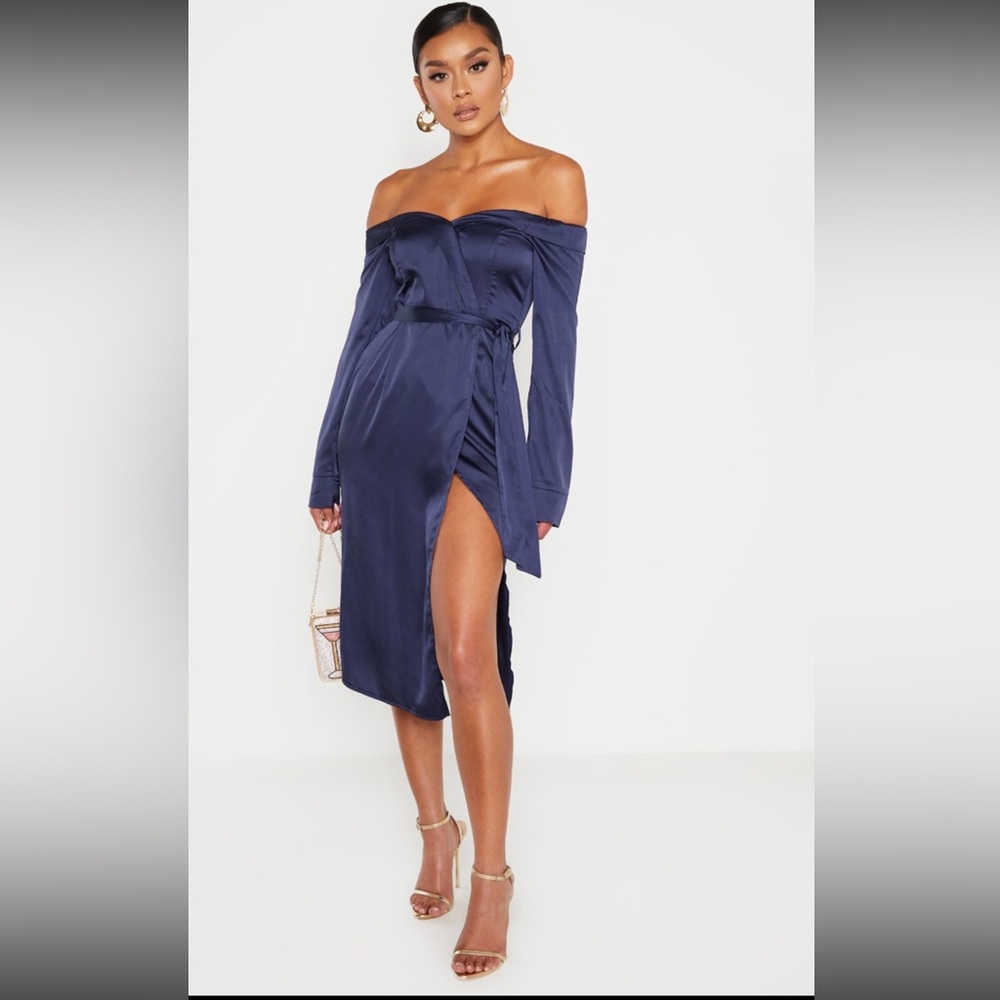 PrettyLittleThing Blue Satin Off-Shoulder Wrap Midi Dress